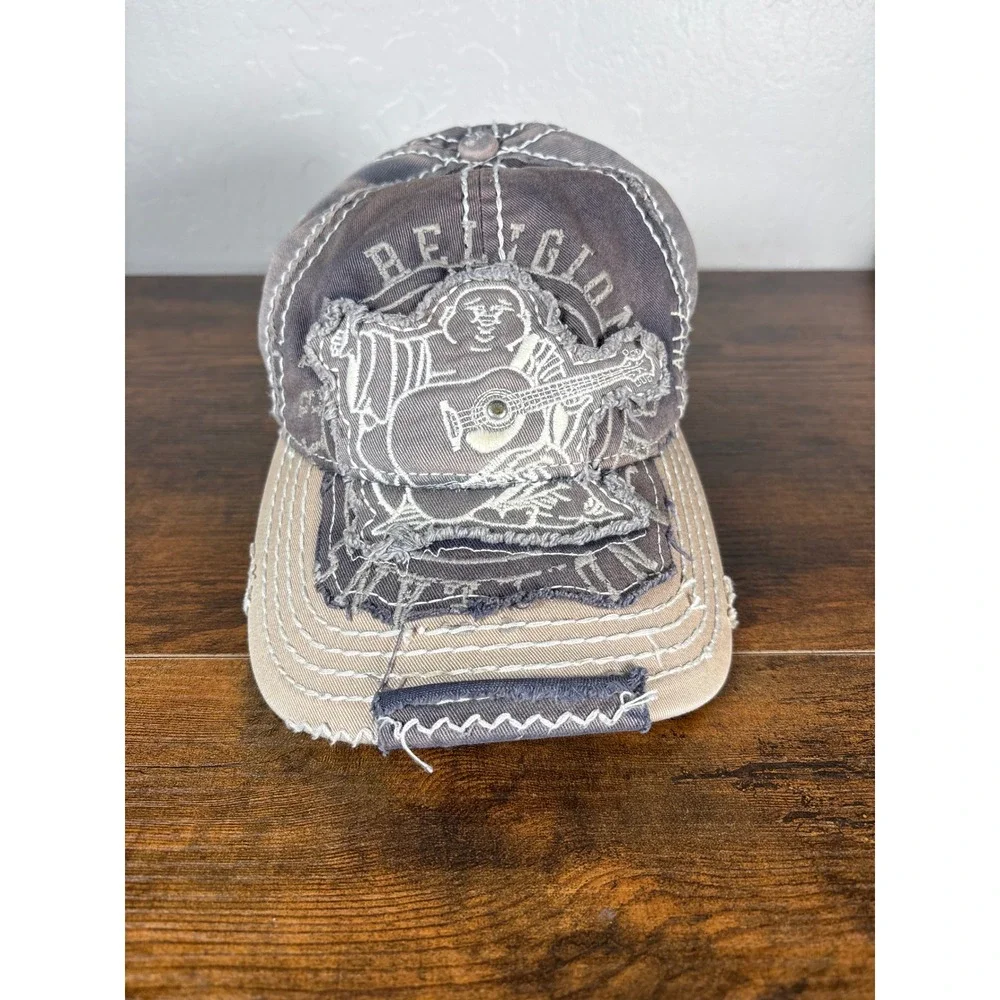 True Religion Distressed Buddha Logo‎ Baseball Cap Grey Tan Contrast Stitch Hat
